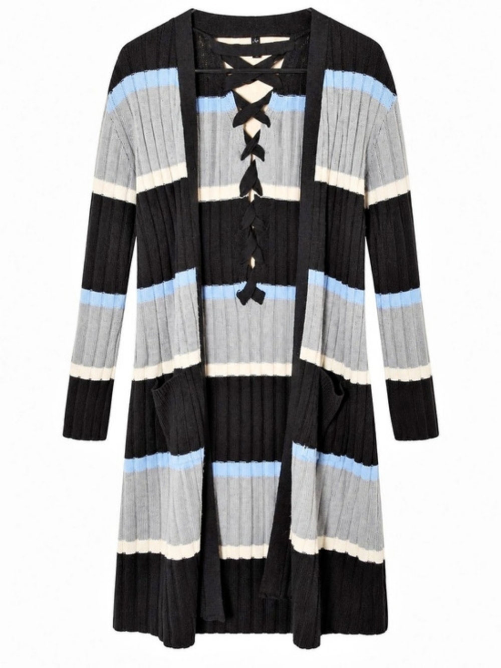 No Boundaries Lace-Up Back Duster Cardigan Black & Gray